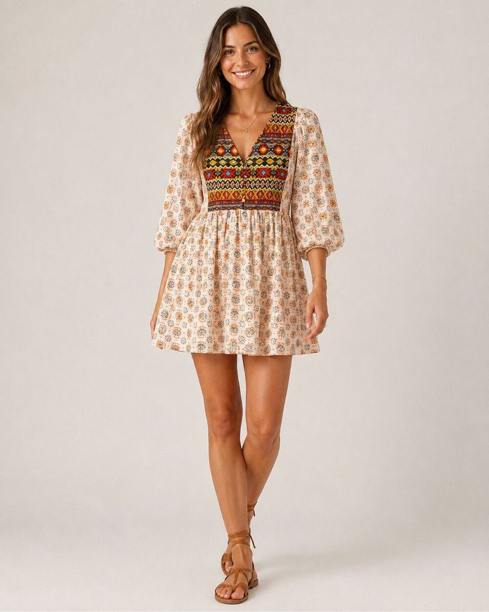 Umgee Boho Mixed Print Mini Dress Medium 3/4 Puff Sleeve Aztec Floral Peasant